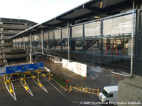 View of the terminal skybridge from the station mezzanine