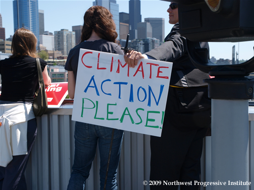 A simple yet colorful sign I saw calling for climate progress