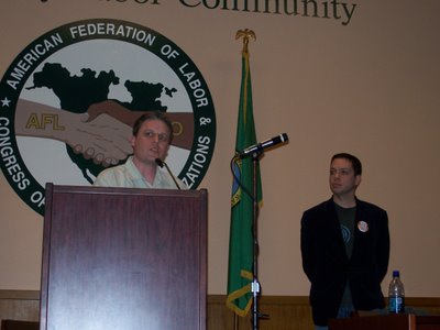 Markos and Jerome speaking at the Seattle Labor Temple