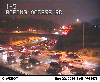 Icy evening commute on Interstate 5 at Boeing Access Road