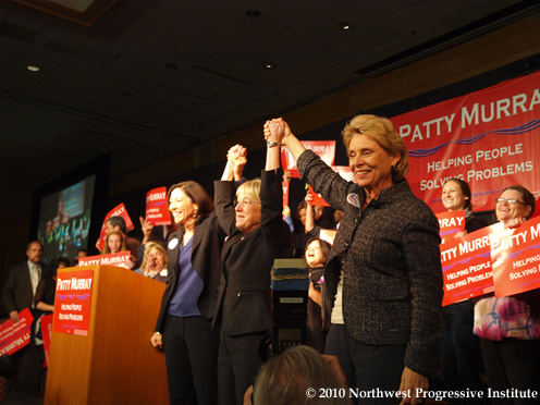 Patty Murray on stage with Maria Cantwell and Chris Gregoire