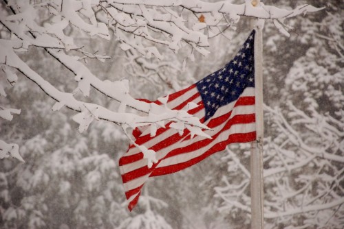 Red, white, and blue on a snowy February day 