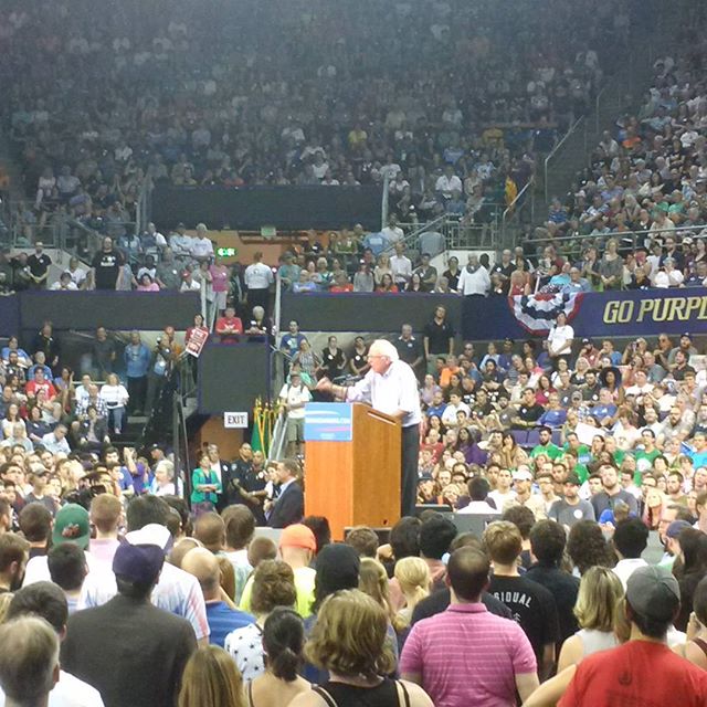 Bernie Sanders speaks to a packed, enthusiastic crowd at the UW