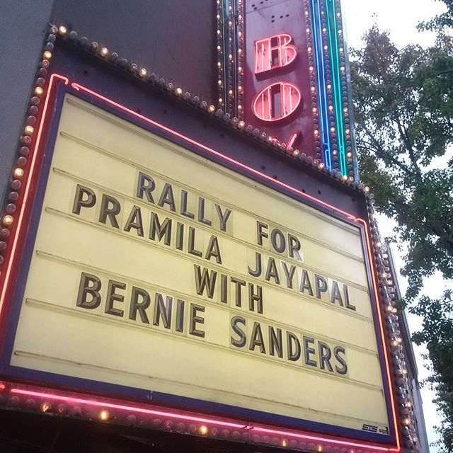 Marquee at the Showbox for Pramila Jayapal's rally with Bernie Sanders
