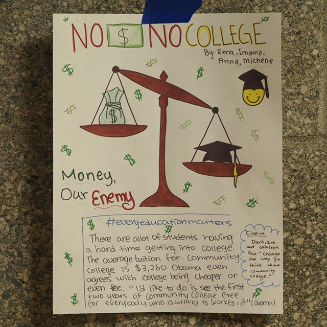 No $, no college: Money, our enemy (A drawing by four students, hanging in a corridor at Tyee Middle School in Bellevue, Washington) #EveryEducationMatters