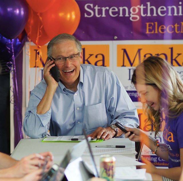 Governor Jay Inslee phonebanks for Democratic State Senate candidate Manka Dhingra prior to the close of voting