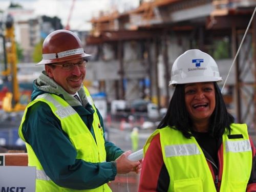 Sound Transit CEO Peter Rogoff and U.S. Representative Pramila Jayapal field questions from reporters at a Northgate Link media briefing