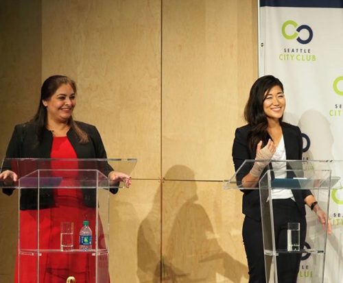 Manka Dhingra and Jinyoung Englund onstage at Seattle CityClub's 45th District Senate Debate