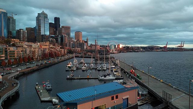 The Seattle waterfront at dusk