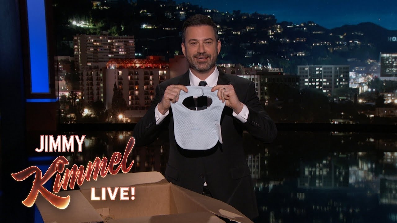 Jimmy Kimmel with Trump's non-USA merchandise