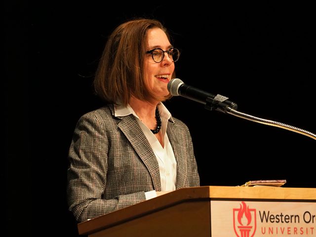 Oregon Governor Kate Brown speaks at a fundraising dinner organized by the Oregon Democratic Party and Polk County Democrats