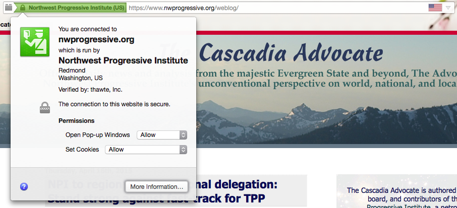 Screenshot of address bar in Firefox with Cascadia Advocate loaded