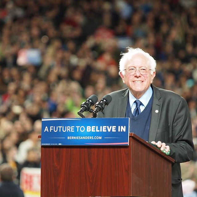 Bernie Sanders greets the "yuuuge" crowd at Safeco Field