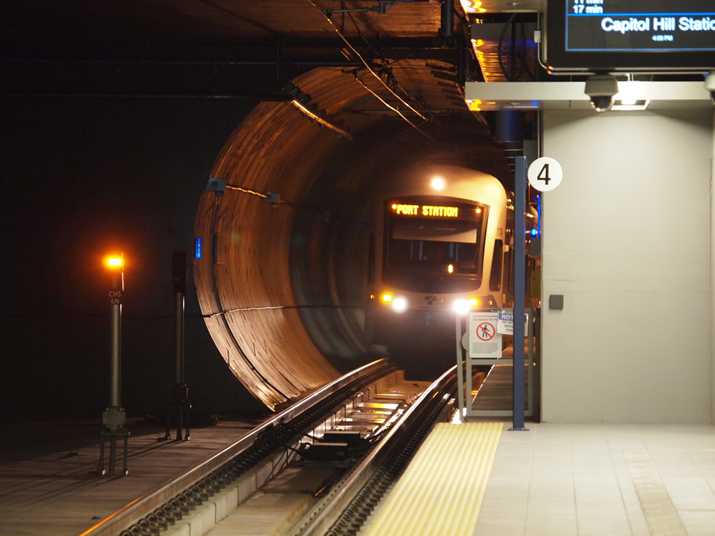 Link light rail train exiting tunnel