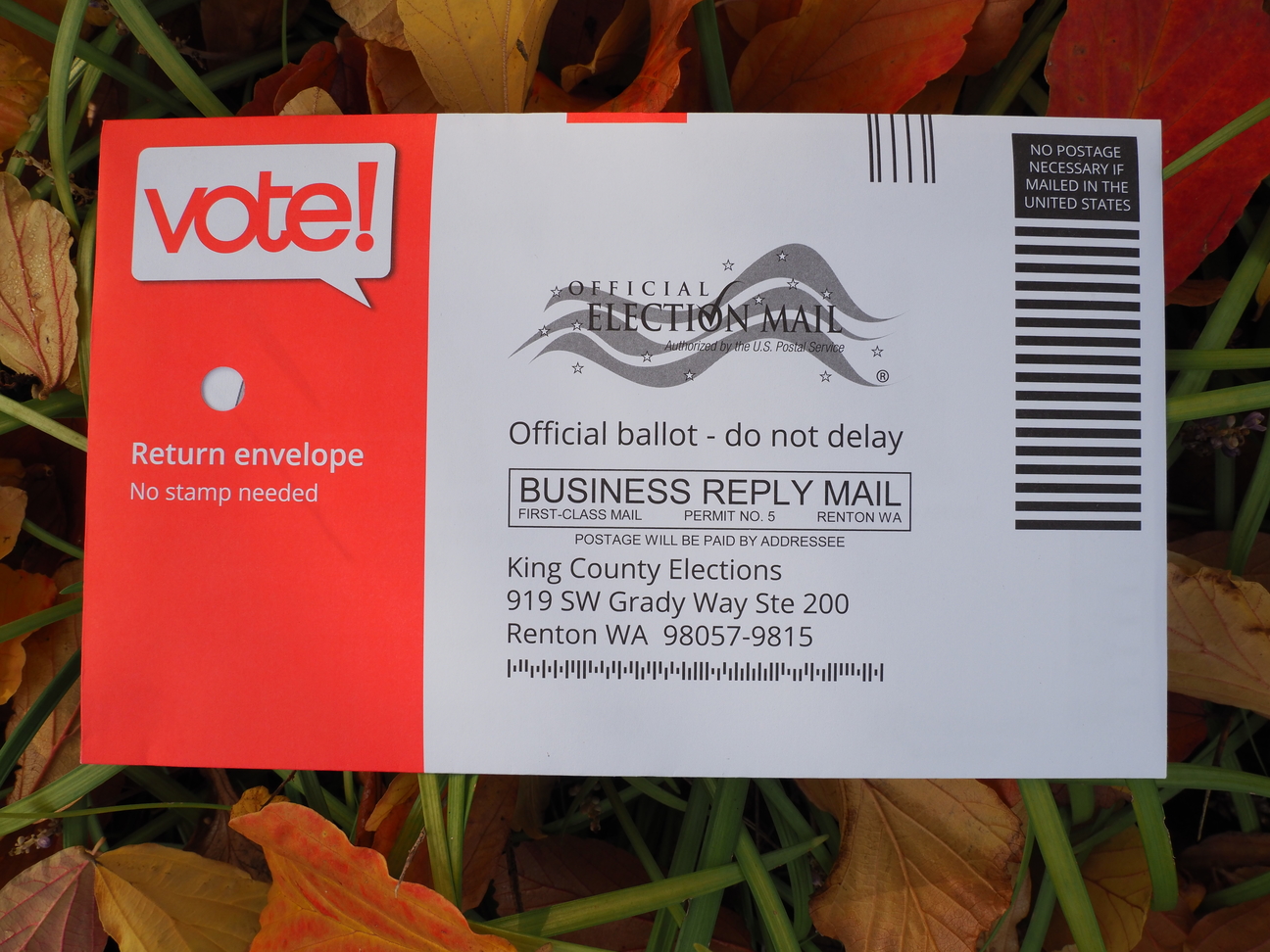 A ballot return envelope with postage prepaid