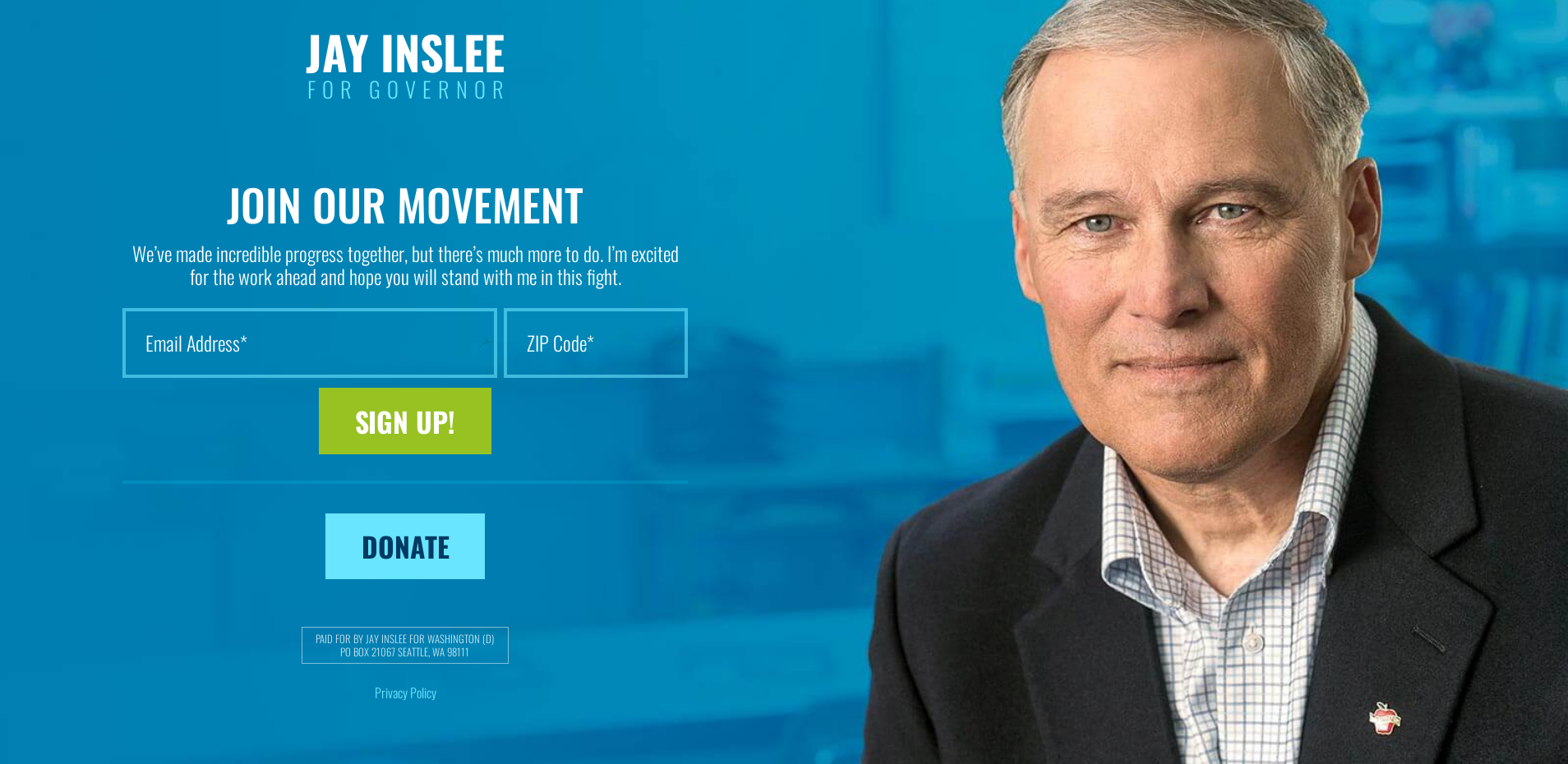Splash page for Jay Inslee's reelection camapign
