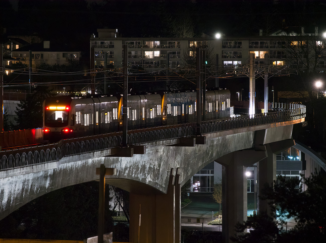 Sound Transit light rail train making a test run in Bellevue