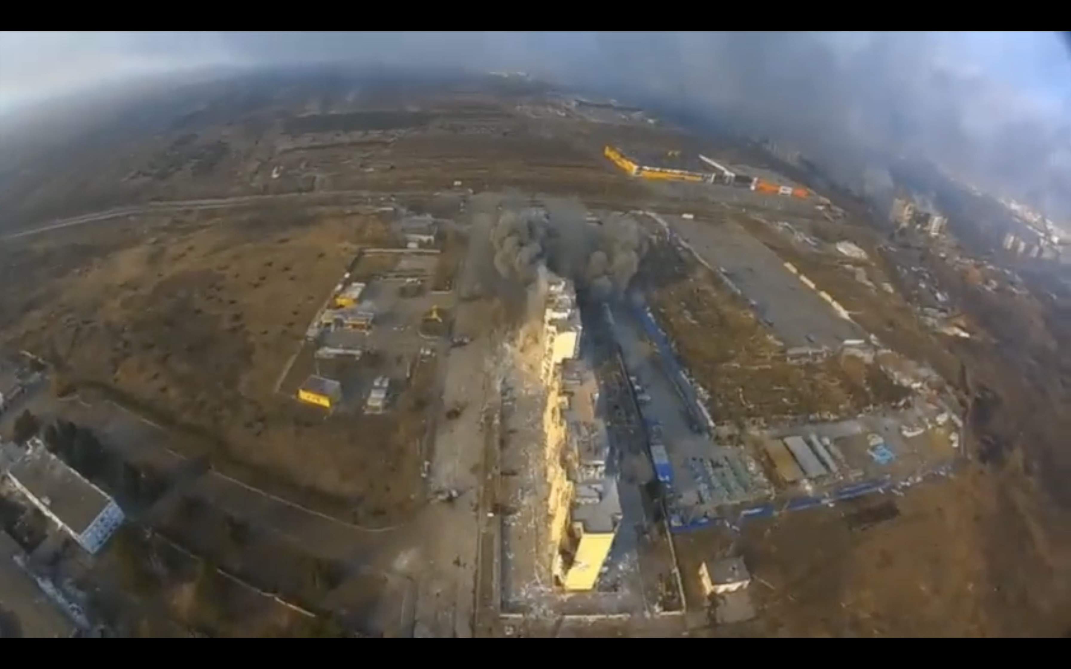 Drone still showing destructive shelling on the citizens of Mariupol, Ukraine