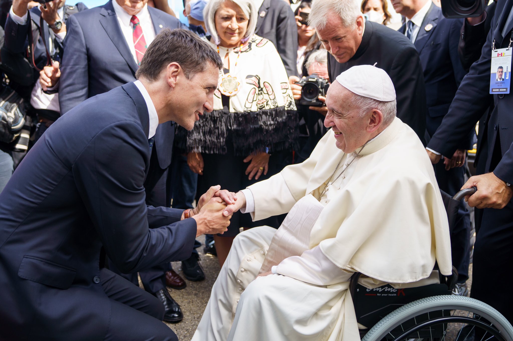 Canadian Prime Minister Justin Trudeau greets Pope Francis
