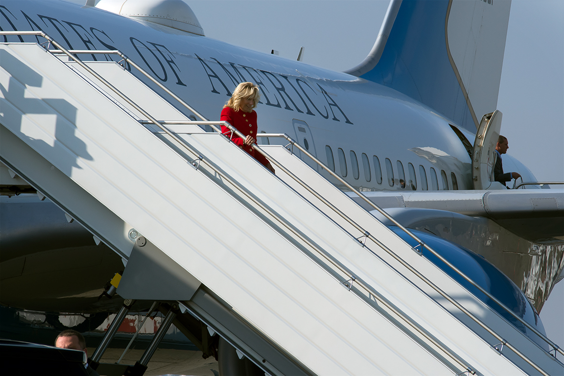 First Lady Jill Biden steps off her transport to begin a multi-day stop in the Pacific Northwest
