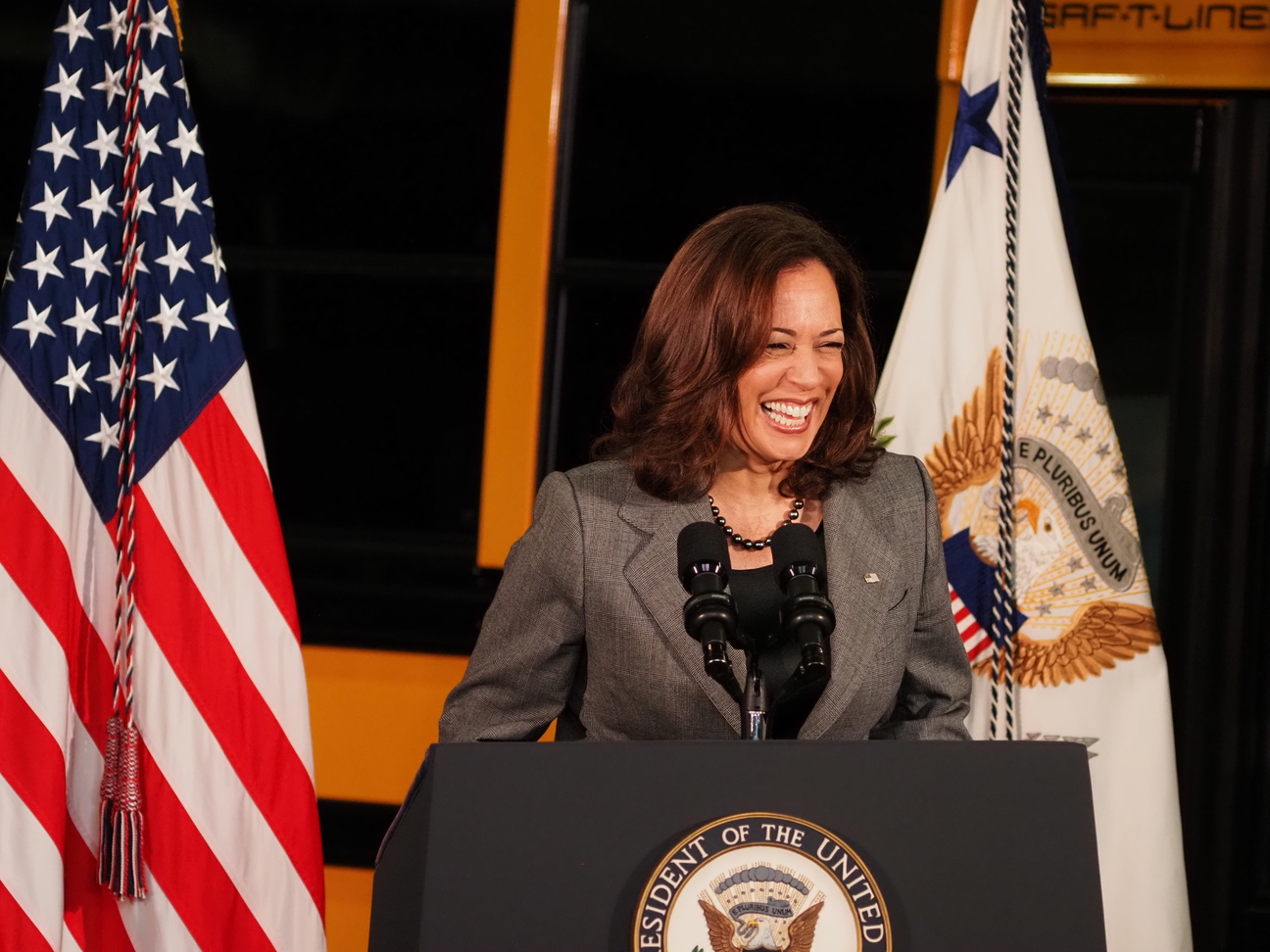 Vice President Kamala Harris takes the stage for an event in Seattle