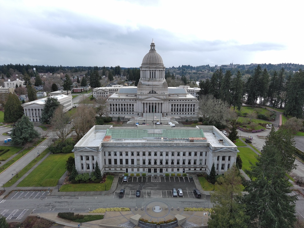 Aerial vew of the Washington State Capitol Campus with Temple of Justice in foreground