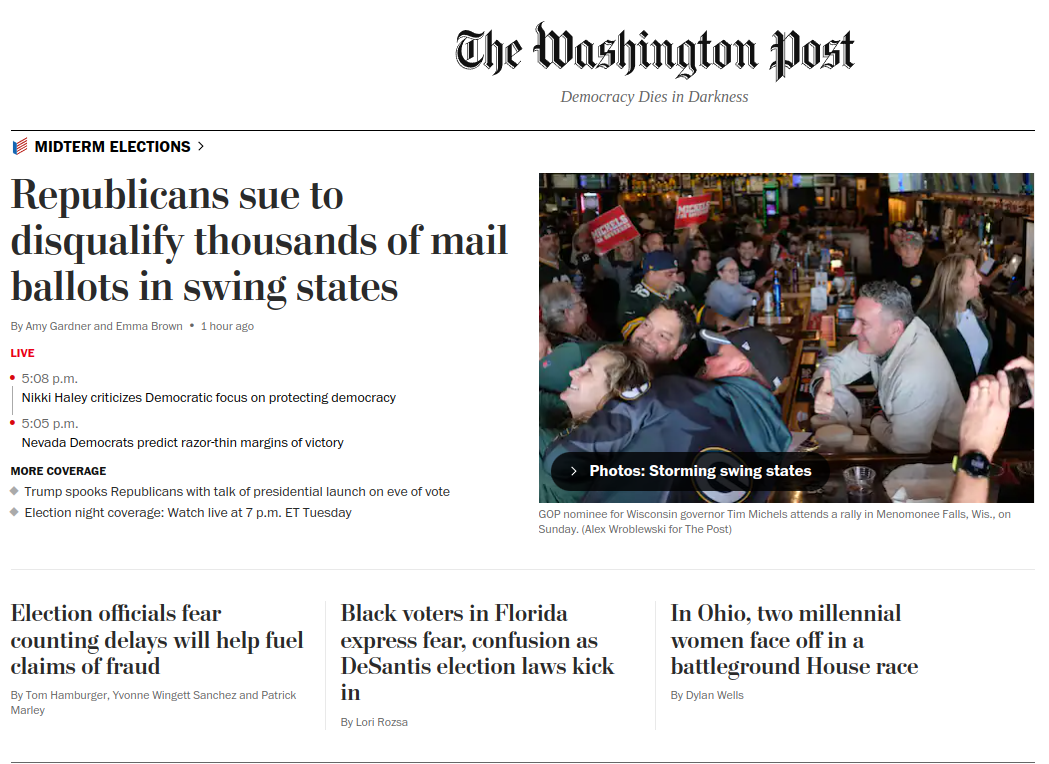 Washington Post headline: Republicans sue to disqualify thousands of mail ballots in swing states