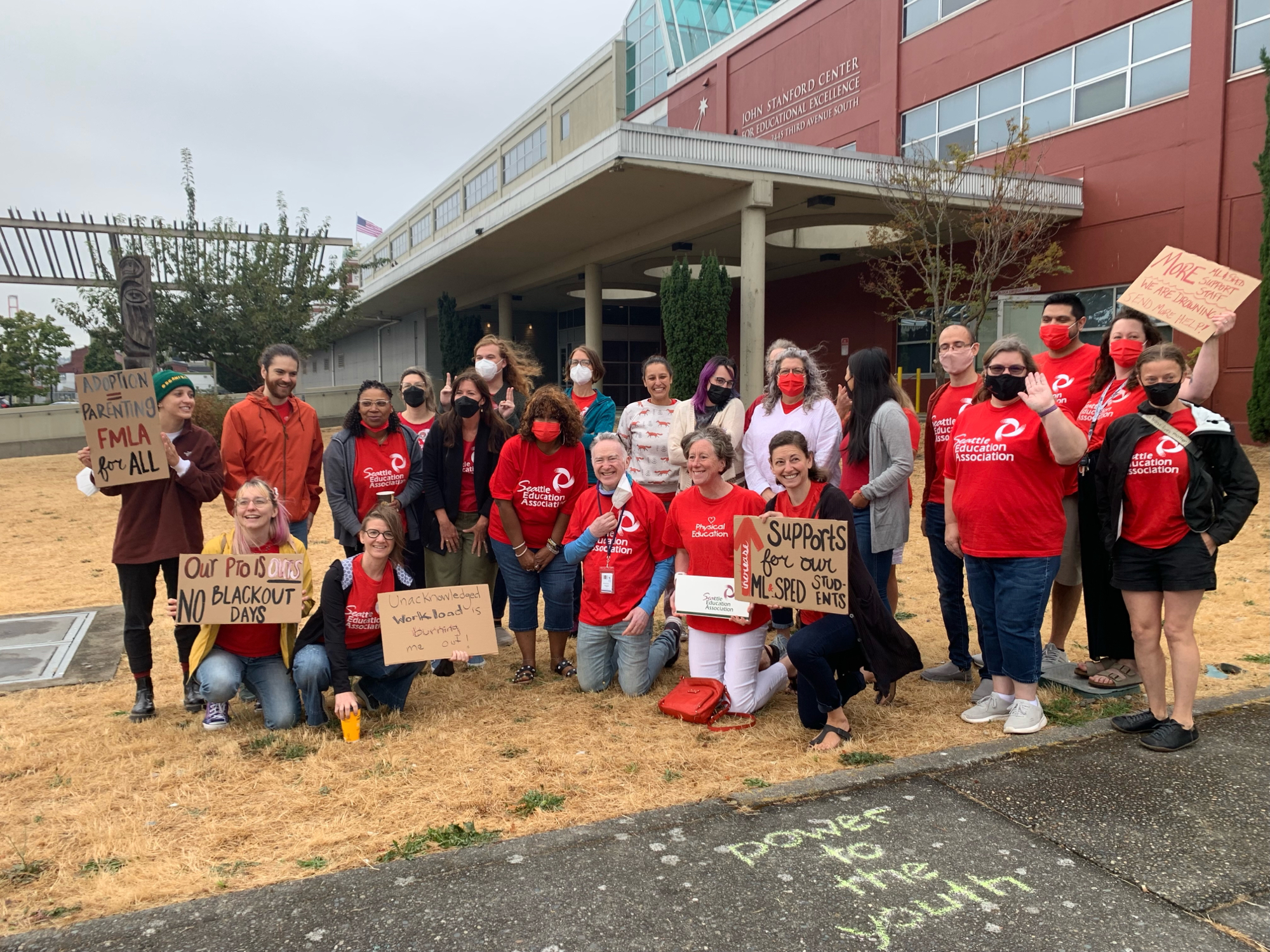 Seattle teachers in front of SPS headquarters