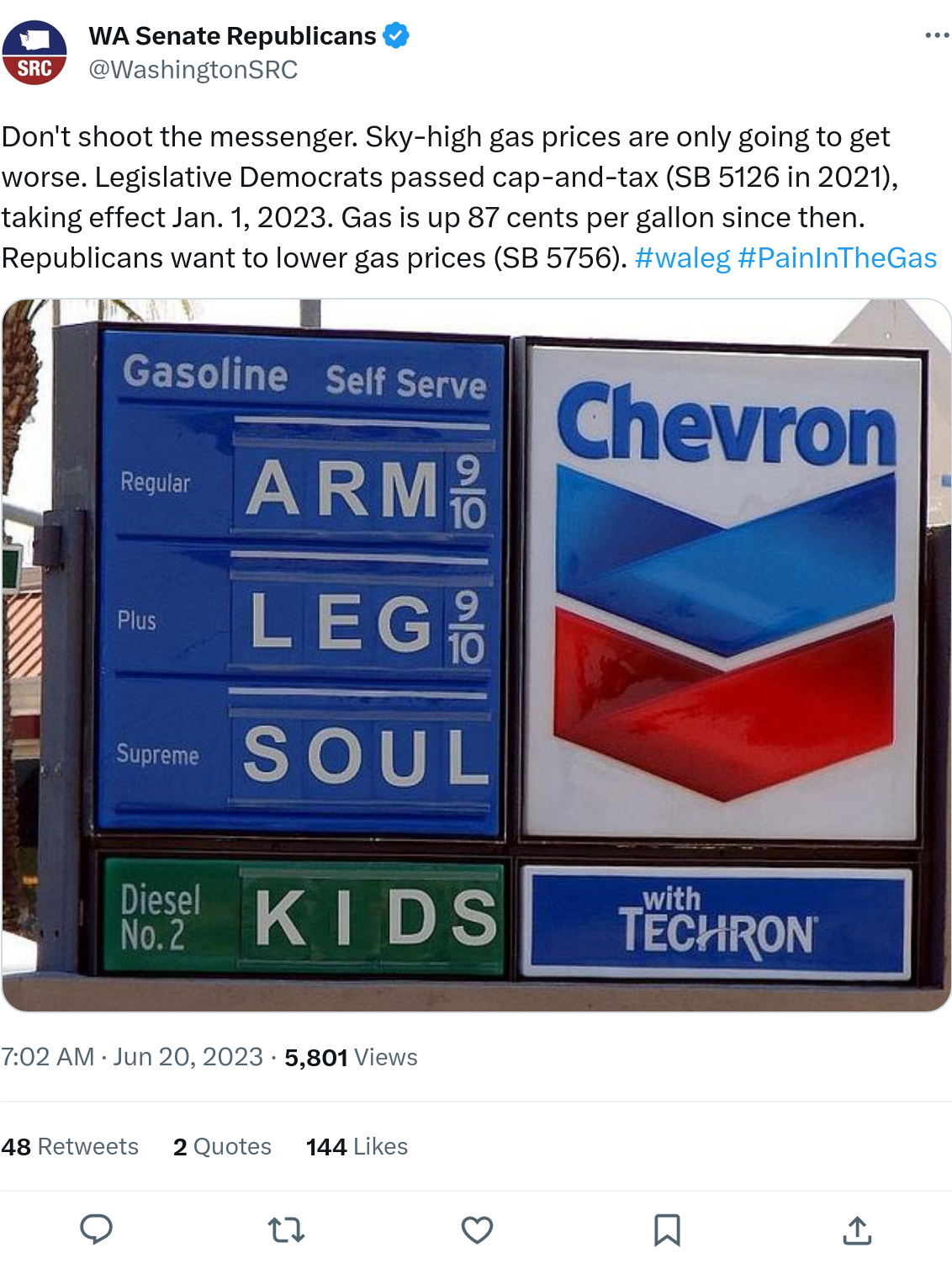 Washington SRC tweet screenshot: Manipulated Chevron sign