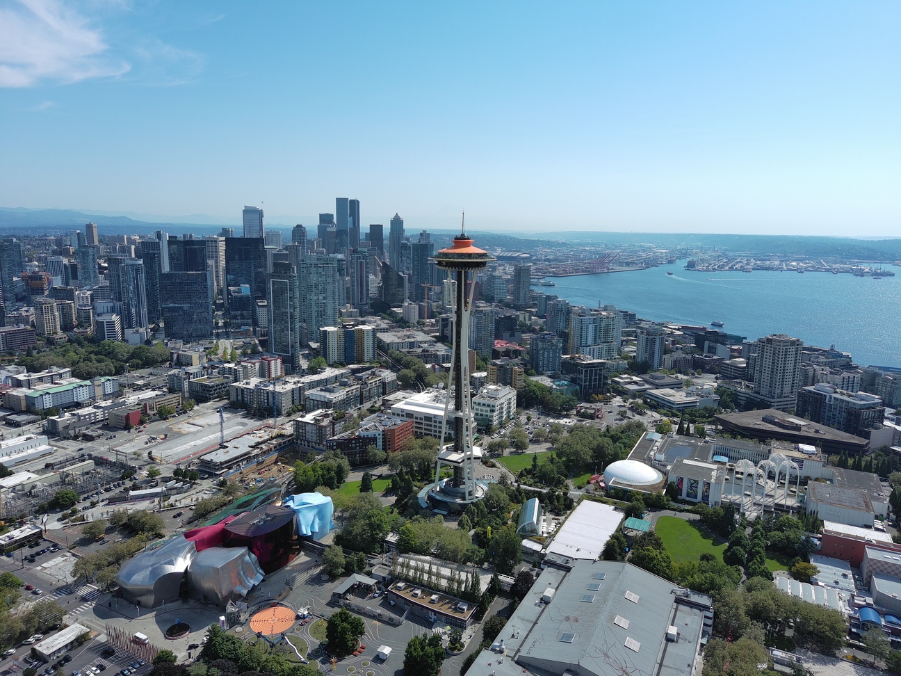 The Space Needle and Seattle skyline, seen from a bird's eye view