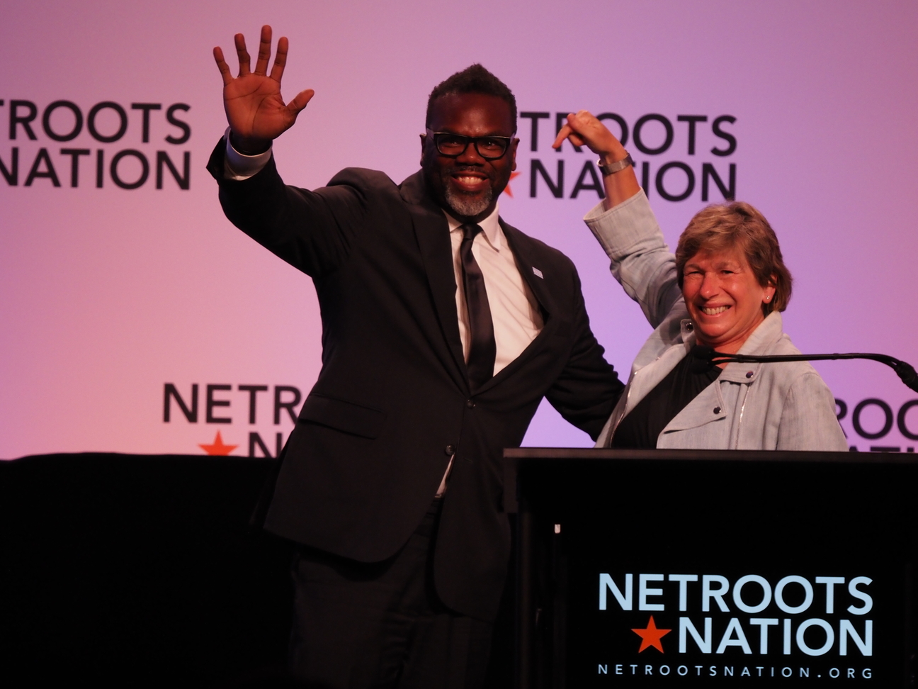 AFT's Randi Weingarten welcomes Chicago Mayor Brandon Johnson to the Netroots Nation stage (Photo: Andrew Villeneuve/NPI)