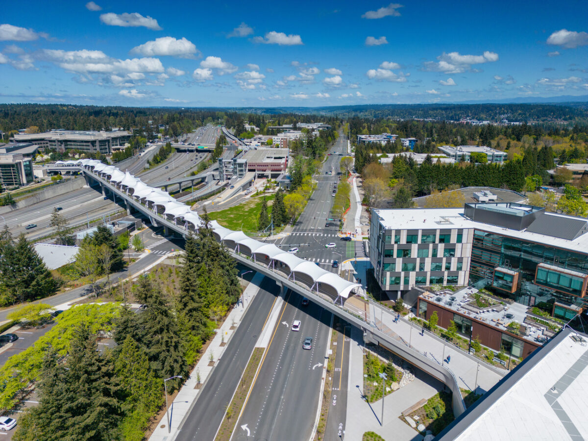 Aerial view of Overlake pedestrian and bicycle bridge