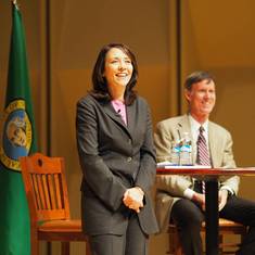 Senator Maria Cantwell onstage at healthcare town hall